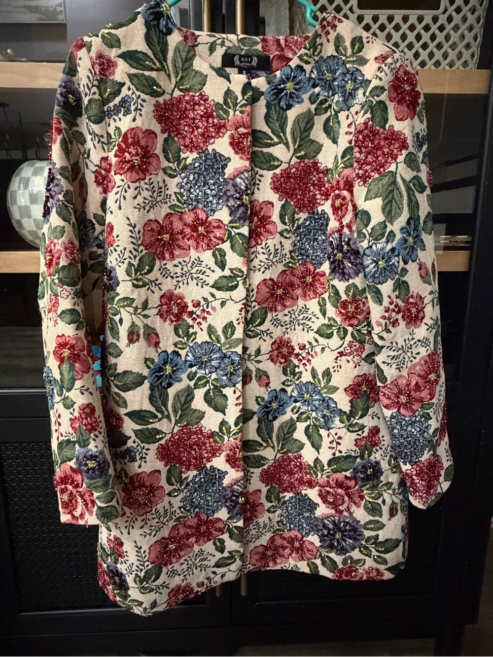 AZI New York Collection Cream Floral Beaded Longline Blazer - Red & Blue Floral